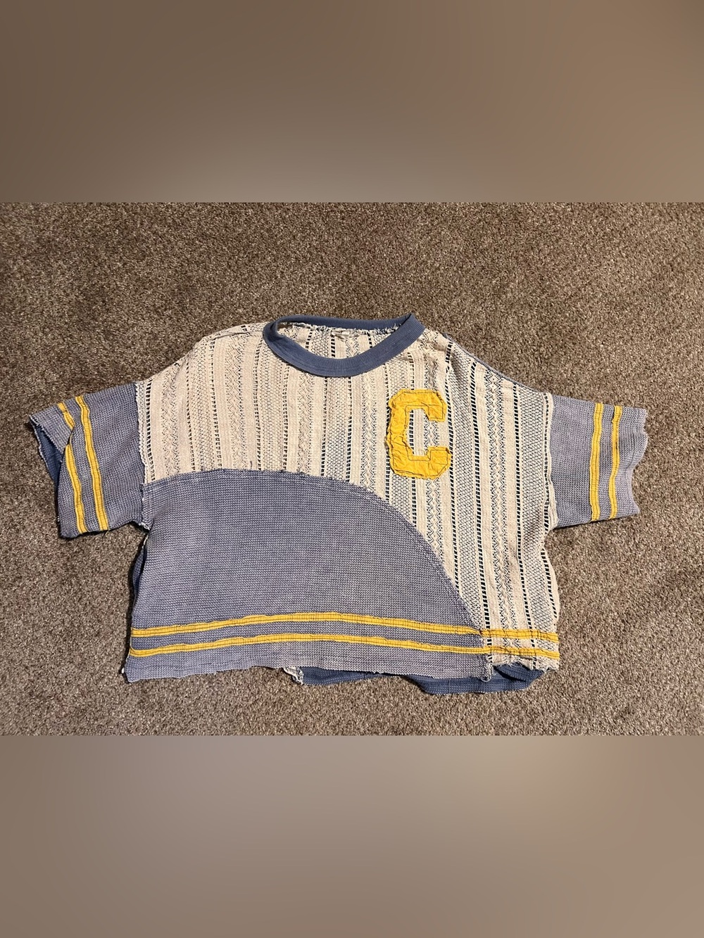 Oli & Hali Textured Knit Sweater Top Blue Yellow Patchwork Raw Hem Boho Small